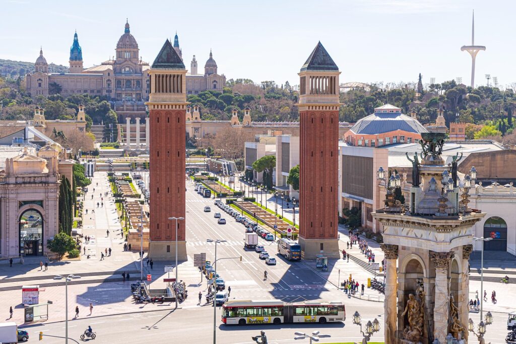 a panoramic view of Plaça d'Espanya in Barcelona, Spain