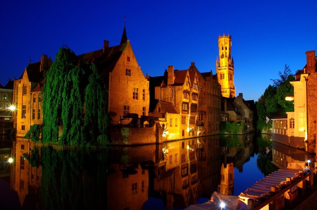 rozenhoedkaai canal at night. Bruges Belgium