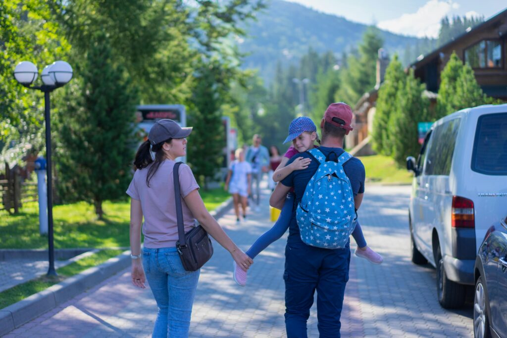 A happy family taking a walk