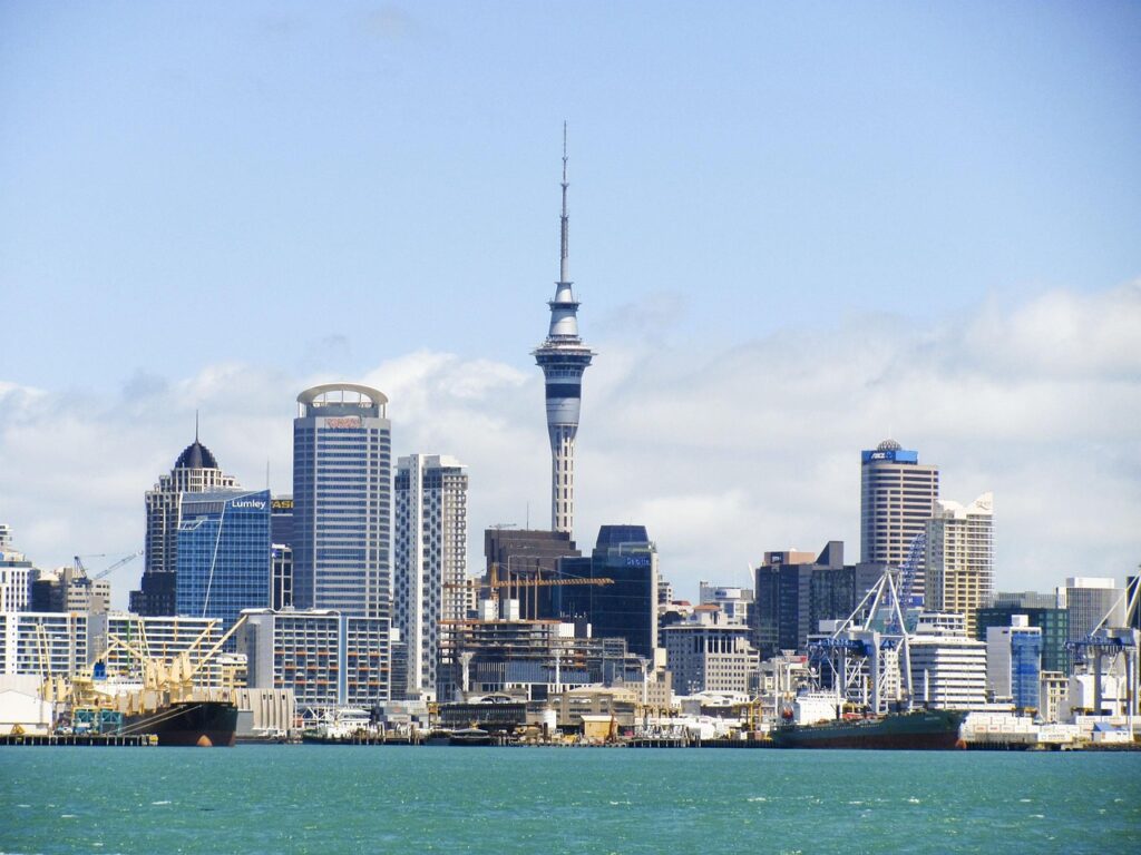 Sky Tower and the Auckland city skyline in New Zealand.