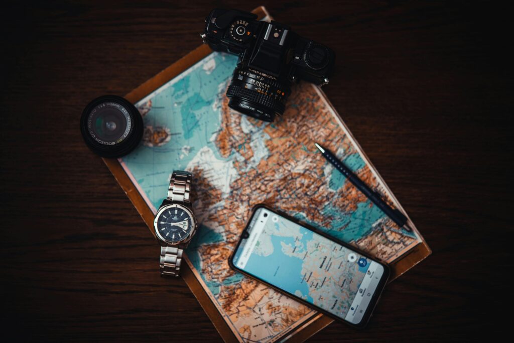 A set of travel electronics and maps