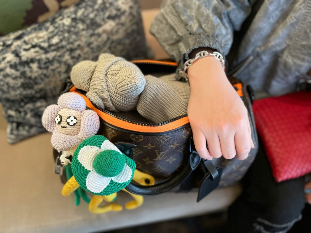 Bag filled with stuffed animals and toys